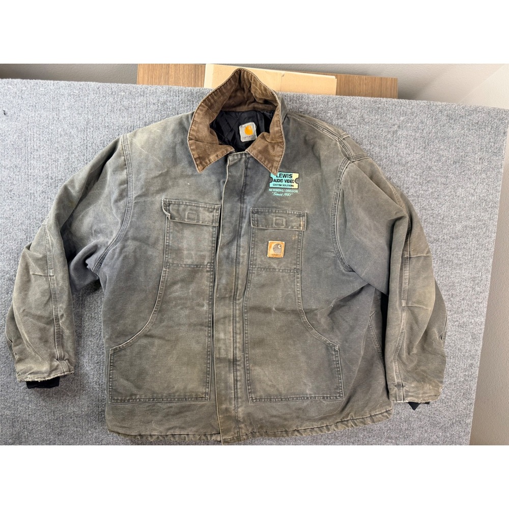 Carhartt Mens XL Faded Black Duck Canvas Quilt Lined Work Jacket Distressed Y2K